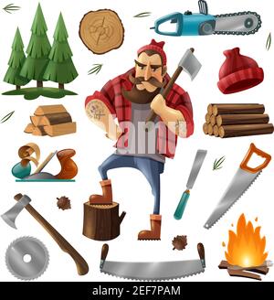 Colored deforestation and lumberjack icon set with tools and equipment for deforestation vector illustration Stock Vector