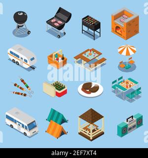 Bbq picnic isometric set with food, grill equipment, tents, camper, music on blue background isolated vector illustration Stock Vector