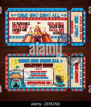 Travel circus retro entry tickets 2 banners set with with magic show striped tent isolated vector illustration Stock Vector