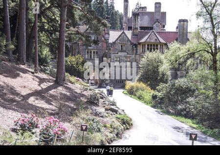 Cragside house Rothbury Northumberland Victorian trees tree garden plants flowers slope hill hills building pink colour walkway chimney chimneys tall Stock Photo