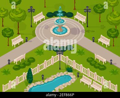 Fragment of city park landscape with walking path fountain trees and ...