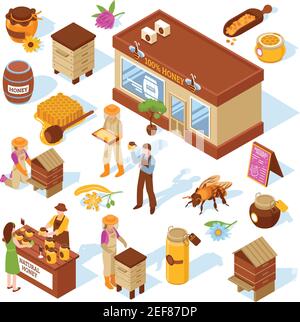 Honey garden apiary farm production and sale isometric icons collection with beehive honeycomb bee isolated vector illustration Stock Vector