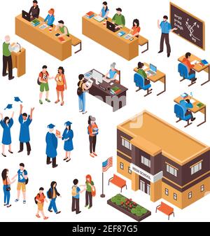 Isometric set of students and teachers in high school and university on white background isolated vector illustration Stock Vector