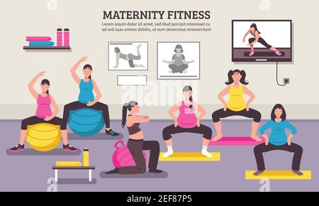 Maternity group fitness class flat poster with aerobic muscles and balance exercises for pregnant women vector illustration Stock Vector