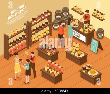 Honey farm organic production store isometric poster with jars on shelves oak barrels and customers vector illustration Stock Vector