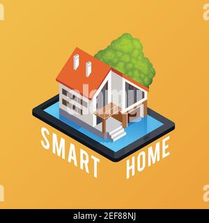 Smart home symbol isometric composition poster with remote computer controlled house on smartphone screen background vector illustration Stock Vector