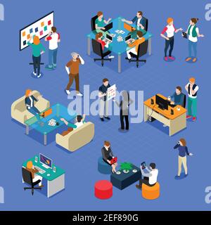 Coworking isometric set with people in workplace, during talking or creative process, interior elements isolated vector illustration Stock Vector