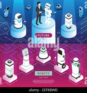 Robots horizontal isometric banners with man, high tech machines on pedestals in light rays isolated vector illustration Stock Vector