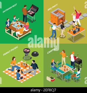 Bbq isometric compositions with outdoor rest, party with dancing, family picnic, camping, grill equipment isolated vector illustration Stock Vector