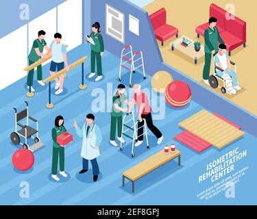 Rehabilitation center exercise therapy treatment isometric poster with physiotherapists and staff nurses attending patients vector illustration Stock Vector