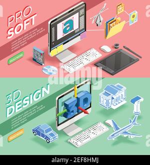 Graphic 3d design and various tools for work of designer horizontal isometric banners set isolated vector illustration Stock Vector