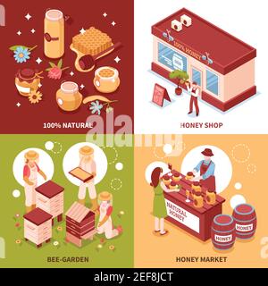 Bee keeping honey production and sale 4 isometric icons concept with beehives and market isolated vector illustration Stock Vector