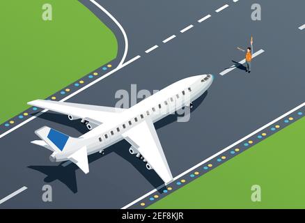 Plane on takeoff strip and airport employee 3d isometric vector illustration Stock Vector