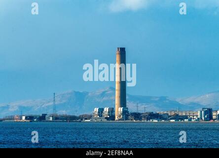 A view from Bo'ness of the de-commissioned Longannet coal fired power station chimney at Kincardine of Forth, Scotland. Stock Photo