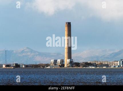 A view from Bo'ness of the de-commissioned Longannet coal fired power station chimney at Kincardine of Forth, Scotland. Stock Photo