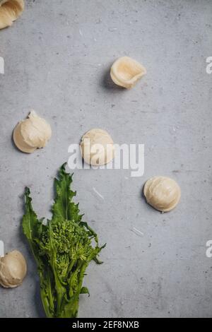 Traditional apulian dish with orecchiette shaped pasta and turnip tops ...