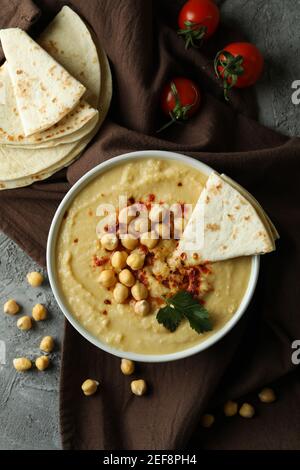 Concept of tasty eat with hummus and pita, top view Stock Photo