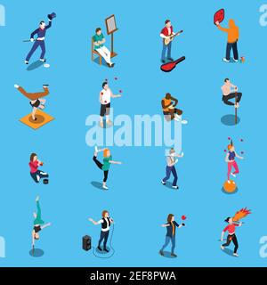 Street artists isometric set with musicians, painter, acrobats, graffiti, dancer, pantomime on blue background isolated vector illustration Stock Vector