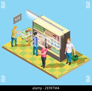 Isometric people shopping composition of self-service sales cabinet in supermarket with wine and customer characters vector illustration Stock Vector