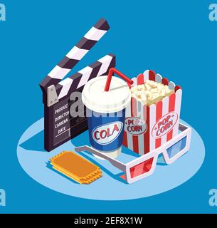 Objects for watching movie at cinema and clapper isometric icon set on blue background 3d vector illustration Stock Vector