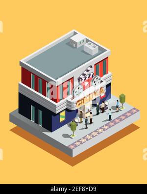 Isometric cinema building with people at entrance on yellow background 3d vector illustration Stock Vector