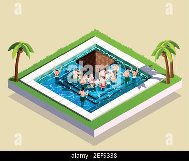 Young friends having fun in water park swimming pool with bar in middle 3d isometric vector illustration Stock Vector