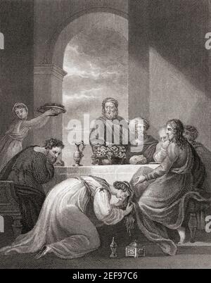 Mary Magdalene washing the feet of Jesus Christ and drying them with her hair. Stock Photo
