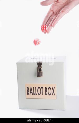 Close up of a personÅ½s hand throwing dices on a ballot box Stock Photo