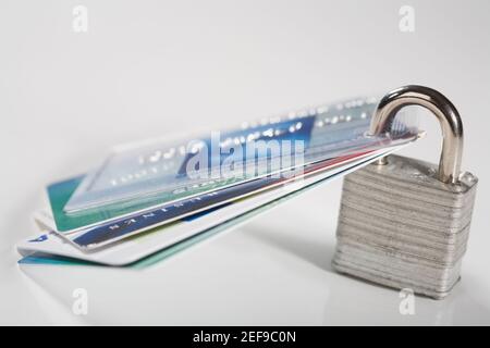 Close up of credit cards with a padlock Stock Photo