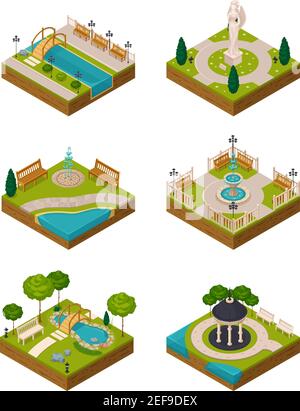 City park summer compositions set with fountains and topiary cartoon ...
