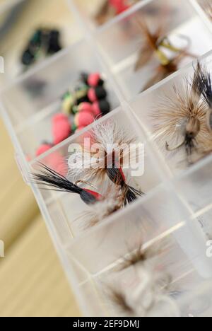 Close-up of fishing lures in a box Stock Photo