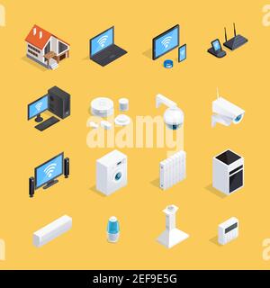 Smart home internet of things iot isometric icons set with computer house conditioner background isolated vector illustration Stock Vector