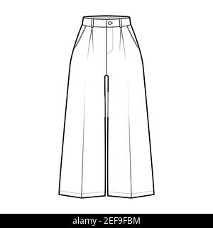 Pants capri technical fashion illustration with normal waist, high rise, single pleat, mid-calf length, wide legs, seam pockets. Flat trousers apparel template, white, color. Women, men CAD mockup Stock Vector