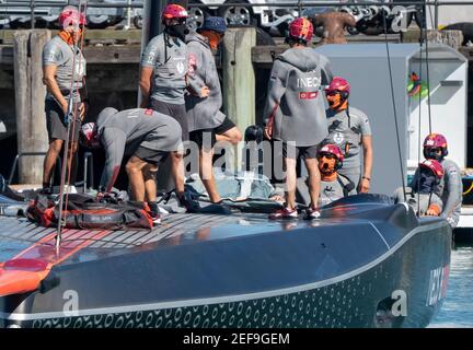 Auckland, New Zealand, 17 February, 2021 -  INEOS Team UK's crew prepare to leave thier dock for training on the Waitemata Harbour wearing mandatory face coverings for the next Prada Cup Final race which has been postponed until February 19 due to a Covid-19 lockdown in the Auckland region. Credit: Rob Taggart/Alamy Live News Stock Photo