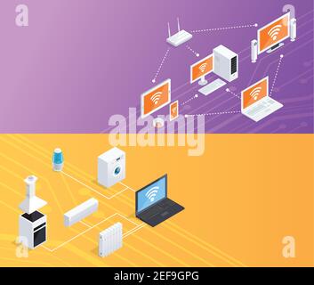 Internet of things smart home computer remote controlled household appliances 2 isometric banners set background vector illustration Stock Vector