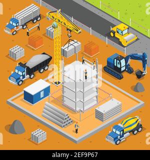 Construction isometric composition with building under construction industrial materials crane cement trucks and caterpillar excavating machine images Stock Vector