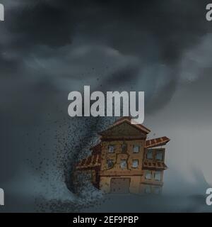 Tornado house composition with realistic image of cataclysm and accomodation unit under the convulsion of nature vector illustration Stock Vector