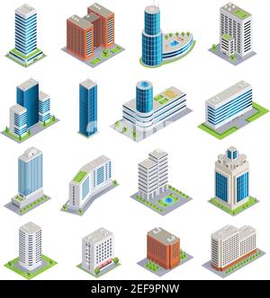 Set of isometric buildings including modern skyscrapers from glass and concrete and multistory houses isolated vector illustration Stock Vector