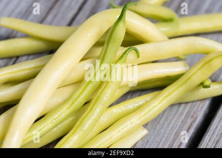 Yellow raw wax beans texture close up, a pile of freshly harvested ripe long pods on a gray wooden background Stock Photo