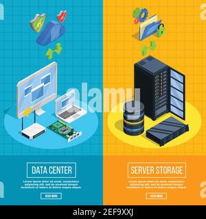 Set of two vertical datacenter banners with isometric client and server side equipment images vector illustration Stock Vector