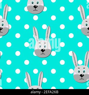 Vector flat animals colorful illustration for kids. Seamless pattern with cute hare face on blue polka dots background. Adorable cartoon character Stock Vector