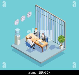 Recruitment isometric people composition with office room interior applicant and two human resource managers at table vector illustration Stock Vector