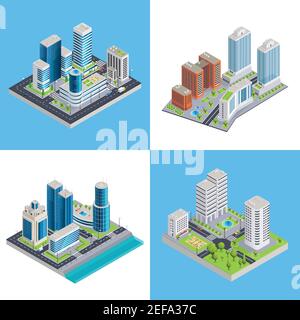 Modern city isometric compositions with commercial buildings and residential houses road infrastructure and transportation isolated vector illustratio Stock Vector