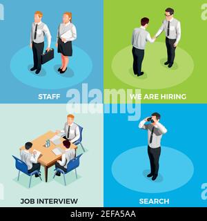 Recruitment isometric 2x2 design concept set with job candidates on colorful backgrounds 3d isolated vector illustration Stock Vector