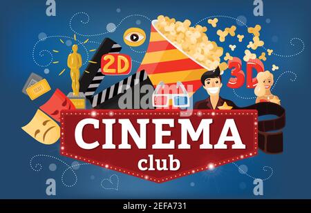 Cinema movie background composition with doodle style images of tickets popcorn 3d glasses and sign board vector illustration Stock Vector