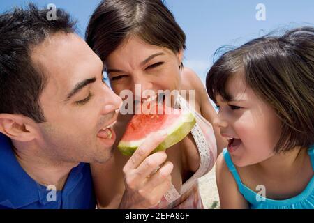 Mid adult couple eating a slice of watermelon with their daughter beside them Stock Photo