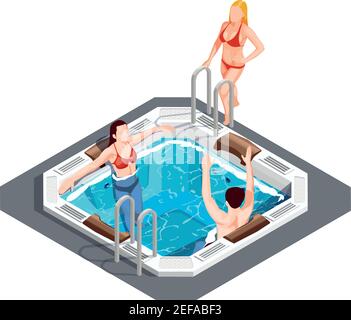 Young people having fun in hot tub at water park on white background 3d isometric vector illustration Stock Vector