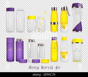 Detox water bottle transparent collection of isolated vessel images made of glass and plastic on transparent background vector illustration Stock Vector