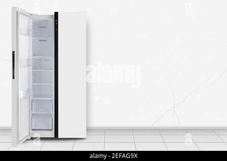 Major appliance - Left open Two-door side by side refrigerator in front on a white wall background Stock Photo