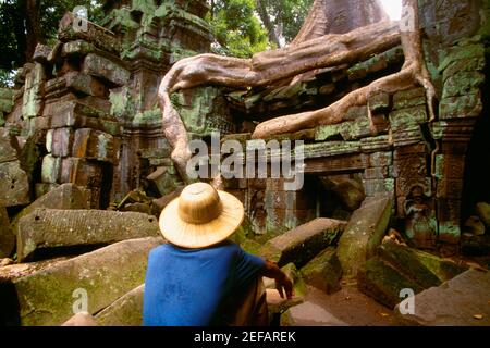 Rear view of a man sitting on a stone in front of a temple, Ta Prohm Temple, Angkor, Siem Reap, Cambodia Stock Photo